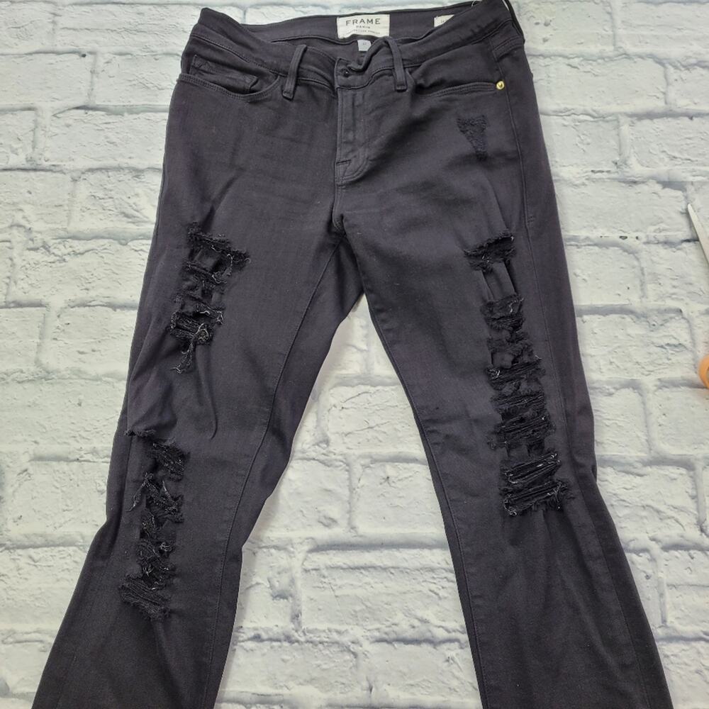 FRAME Le Skinny de Jeanne Film Noir Black Destroyed Jeans Stretch size 27